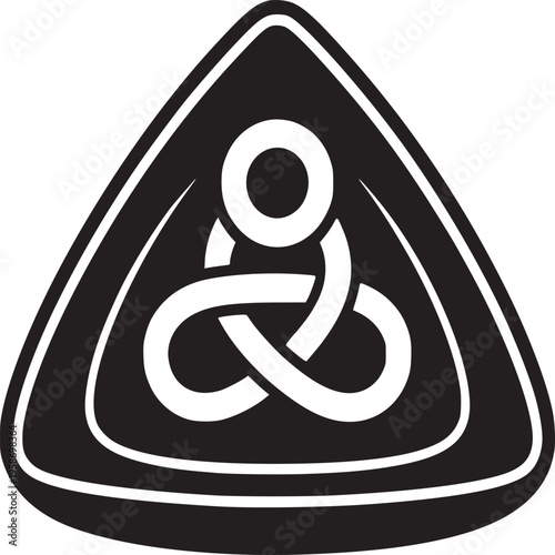 A black triangle with rounded corners containing a white celtic knot symbol on a white background