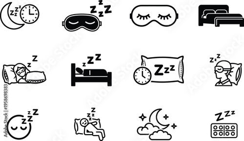 Sleep and rest icons with zzz symbols and various objects