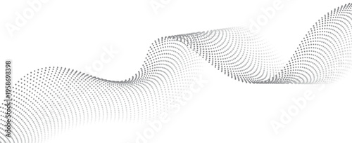 Dotted wavy line background. Black halftone undulate pattern. Curved dashed gradient design element for poser, banner, presentation, booklet. Abstract flowing particle wave wallpaper. Vector