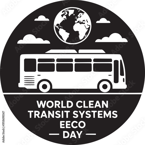 Black and white logo for world clean transit systems eeco day with a bus and globe graphic design
