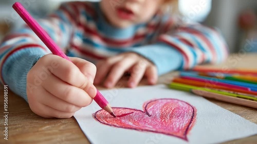 A child draws a heart on a piece of paper with a pink pencil, close-up of hands and drawing, a boy makes a card for Mother's Day, love, Valentine, Valentine's Day