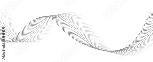 Dotted wavy line background. Black halftone undulate pattern. Curved dashed gradient design element for poser, banner, presentation, booklet. Abstract flowing particle wave wallpaper. Vector