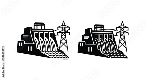 Black and white illustration of a hydroelectric dam with flowing water