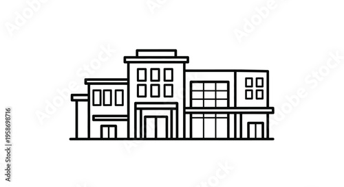 Simple line drawing of a multi section building with rectangular shapes