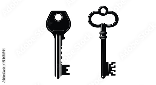 Two antique keys one modern displayed in a black and white silhouette