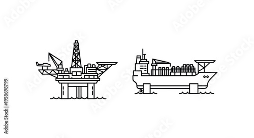 Minimalist illustration of an oil rig and cargo ship at sea
