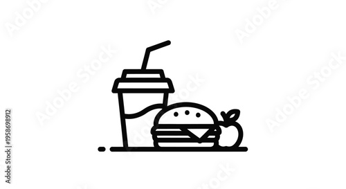 Simple line drawing of a burger drink and apple on a surface