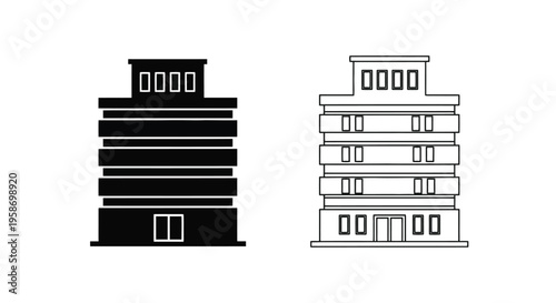 Simple black and white illustration of two modern building designs