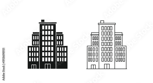 Simple black and white outline of two modern building structures