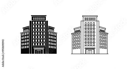 Two black and white line art depictions of tall symmetrical buildings