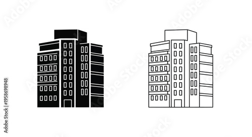 Black and white line art illustrations of modern building facades