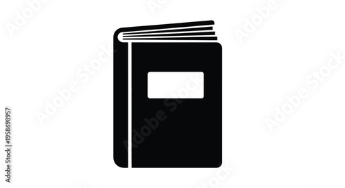 A simple black silhouette of a closed book with a blank cover