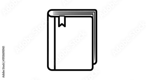 Simple black and white line drawing of a closed book with a bookmark