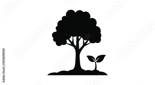 A silhouetted tree with a small sprout symbolizing growth and nature