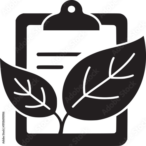 Clipboard with leaves representing environmental report or green initiative in black and white