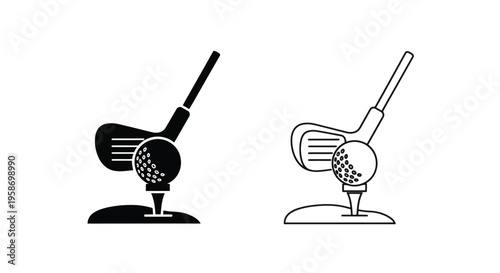 Black and white illustration of a golf ball on a tee with a golf club
