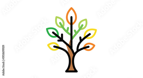 Stylized tree illustration with colorful leaves and dark brown branches
