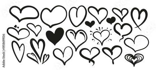 Set of black hand drawn hearts, collection of unique heart shapes for graphic design. Love and romance symbols in modern and tattoo style. Creative vector icons isolated on white background.