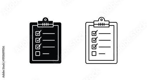 Two clipboard icons with check boxes solid black and outlined white versions