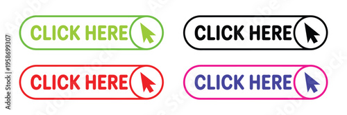 Click here button with arrow pointer, modern flat and line style button icon representing clickable action, navigation, and online interaction for websites and digital platforms, vector illustration.