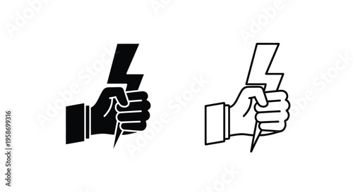Black and white illustration of hands making a thumbs up sign with lightning bolts