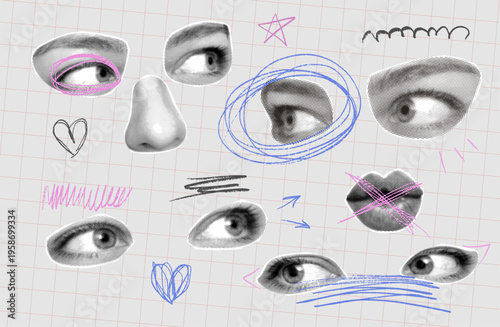 Abstract face anatomy cutout collage set. Retro halftone eyes, nose and lips with childish messy scribbles on grid paper. Vintage punk zine vector elements pack for brutalist graphic design.