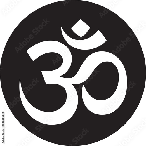 A black circle containing a white om symbol centered on a white background in a simple graphic style