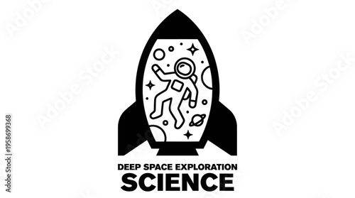 Minimalist Space Rocket with Astronaut and Planets Line Art, Monochrome Vector Illustration of Space Exploration