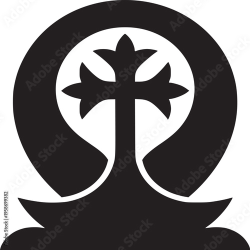 A black and white symbol featuring a cross with floral elements inside of a partial circle shape design