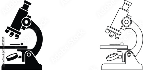 Scientific microscope vector icons, laboratory research equipment in solid and outline styles, biology and chemistry lab tools for medical education