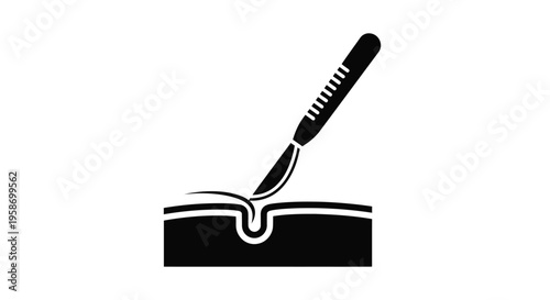 Scalpel cutting through a surface depicted in a stark black silhouette