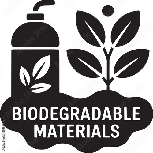 Biodegradable materials symbol featuring a bottle and plant in black and white simple design style