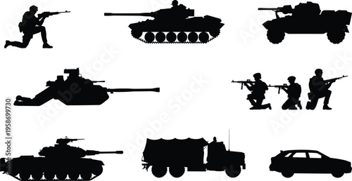 Military silhouettes, soldier aiming rifle, tank illustration, armored vehicle, transport truck, combat scene, defense concept, war equipment, battlefield silhouettes, strategy