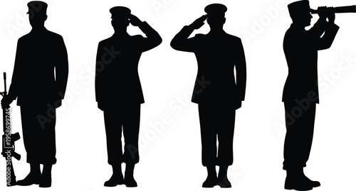 Military silhouettes, soldier with rifle, saluting officers, telescope observation, armed forces respect, defense readiness, patriotic duty, uniformed personnel, national security, vigilance