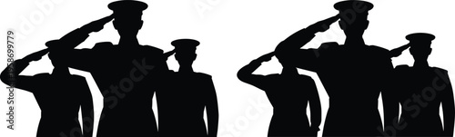 Military silhouettes, soldiers saluting in formation, discipline illustration, respect concept, army personnel, defense unity, war readiness, honor scene, patriotic service, teamwork