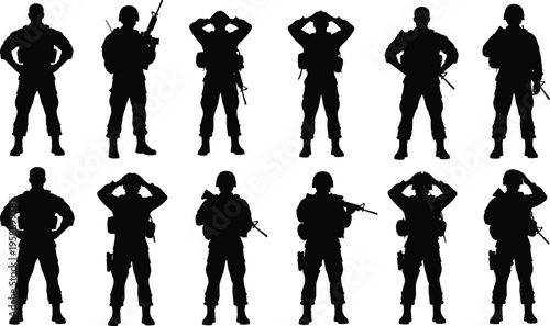 Military silhouettes, soldiers in gear, tactical poses, armed forces vector, combat readiness, war preparation, defense illustration, helmets, rifles, battlefield discipline