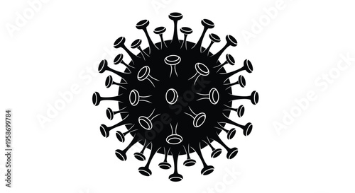 A black and white illustration depicting a coronavirus cell structure