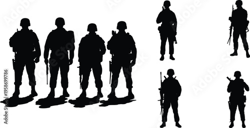 Military soldier silhouettes, armed forces illustration, tactical combat poses, defense concept, army team with rifles, war security protection vector design
