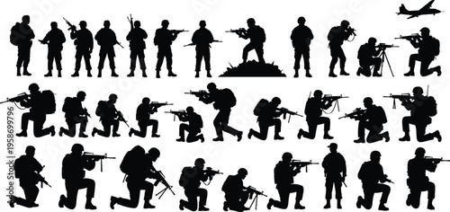 Military silhouettes, tactical soldiers, rifle aiming, kneeling positions, armed forces readiness, combat stances, patriotic duty, defense vigilance, aircraft presence, battlefield observation