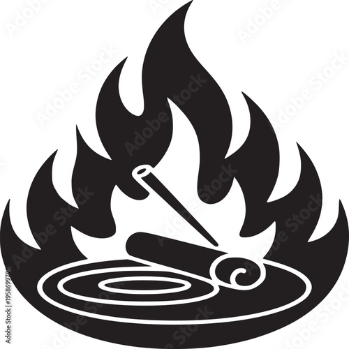 A graphic depiction of a fire with a log and a stick on a circular base in black and white style