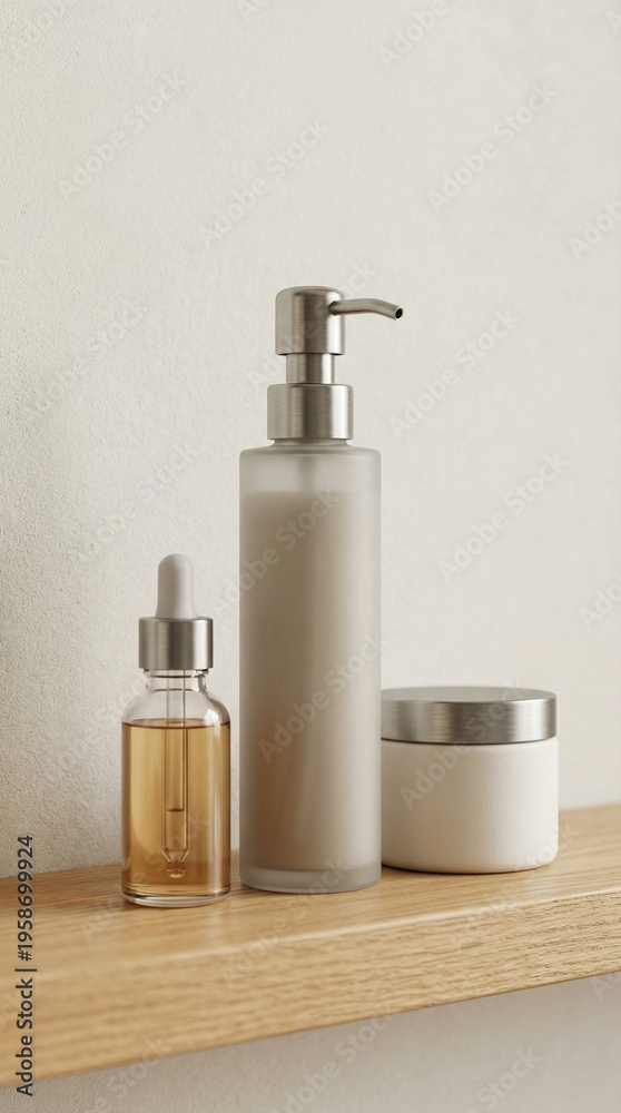 Obraz premium Skincare containers including a pump bottle and oil dropper arranged on a wooden surface against a neutral wall, holistic beauty products, neutral aesthetic.