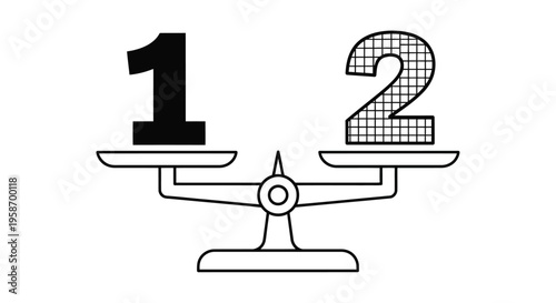 A balance scale comparing the numbers one and two visually