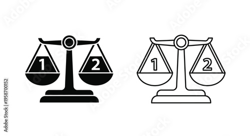 Scales of justice with numbers one and two in balance monochrome icons