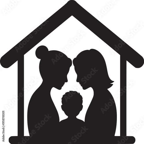 Silhouette of a family inside a house shape representing home love and protection in black and white