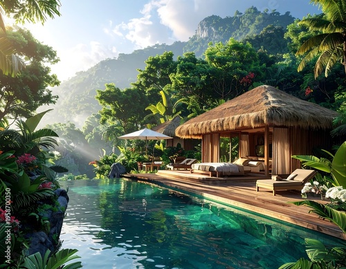 Tropical bungalow by a crystal clear pool surrounded by lush jungle and mountain scenery