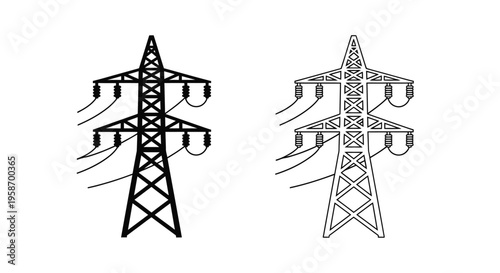 Two black and white line drawings of high voltage transmission towers