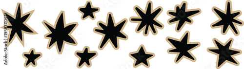 Hand drawn grunge star stickers collection in bold chalk style. Wide star shapes with rough texture and paper cutout look. Scrapbook collage elements