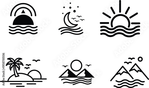 collection of simple line art landscape icons with sun moon and mountains