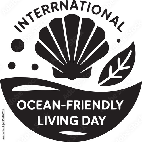 International ocean friendly living day logo featuring a shell and leaf in black and white design