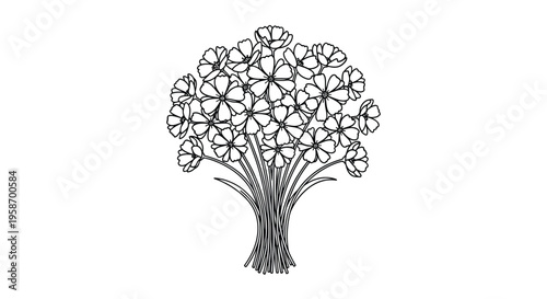 A delicate sketch of a bountiful bouquet of cosmos flowers in black and white